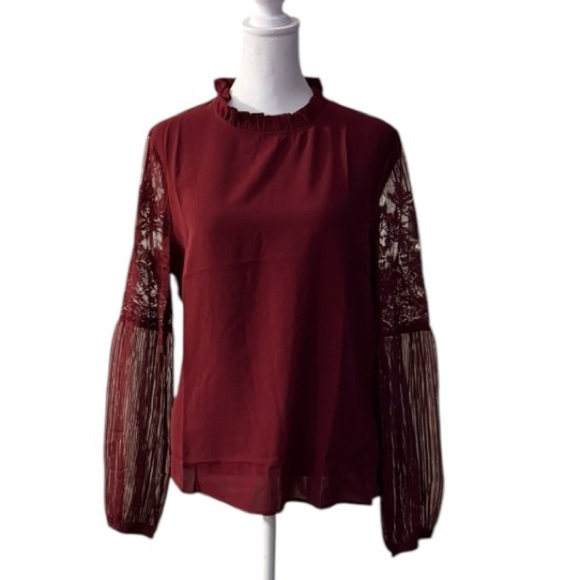 Tops - Burgundy Lace Sleeve Blouse Size Small | Sheer Long Sleeve Dressy Top